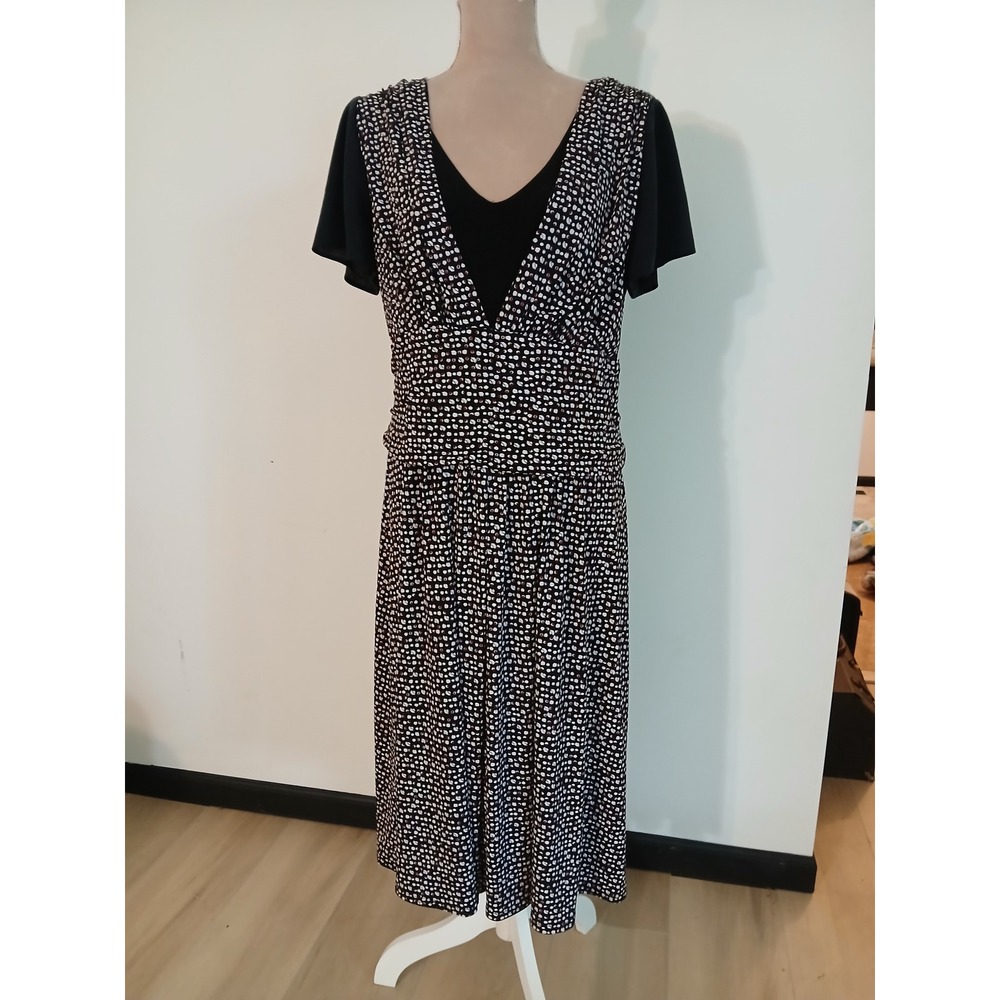 Studio 1940 Women Black Red White Dot Print V-Neck Twofer Midi Dress Size 16